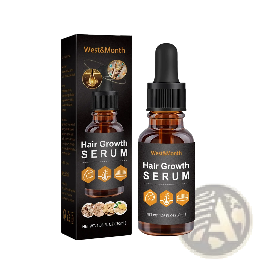 West&month hair growth serum anti hair fall oil in a dark amber glass bottle with black dropper cap and matching box
