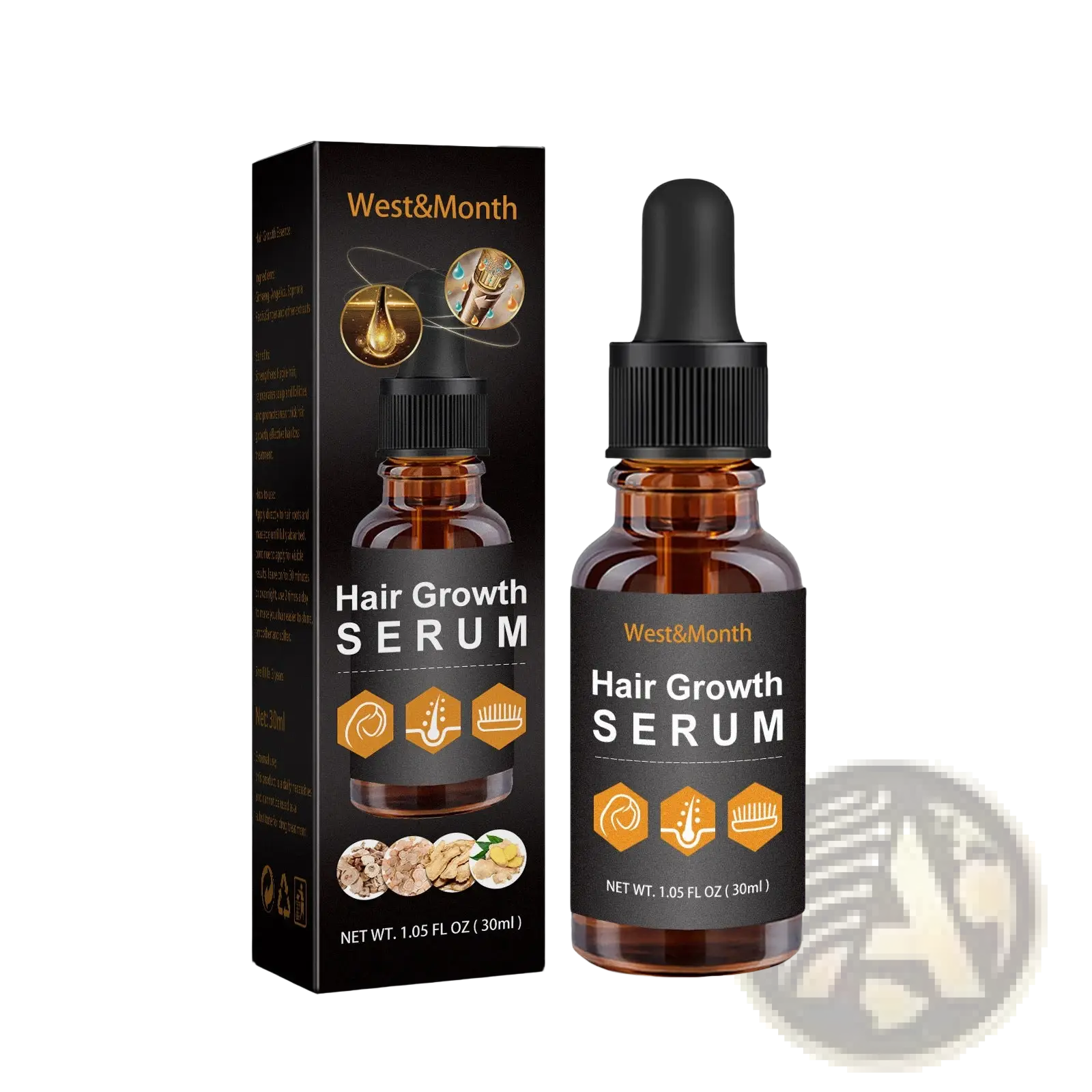 West&month hair growth serum anti hair fall oil in a dark amber glass bottle with black dropper cap and matching box