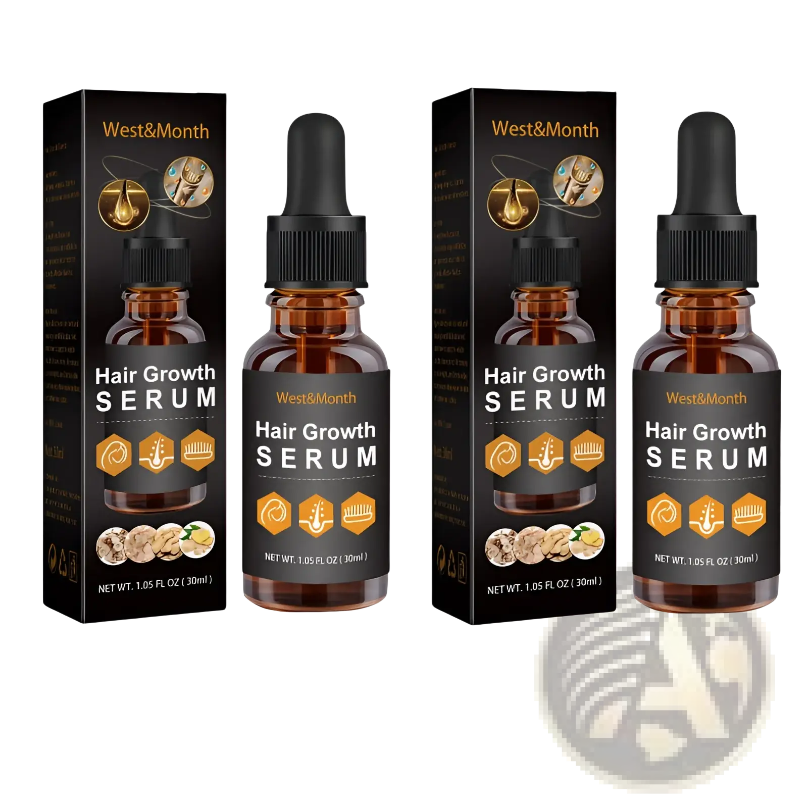 West&month hair growth serum anti hair fall oil in amber glass bottles with black dropper caps and matching packaging