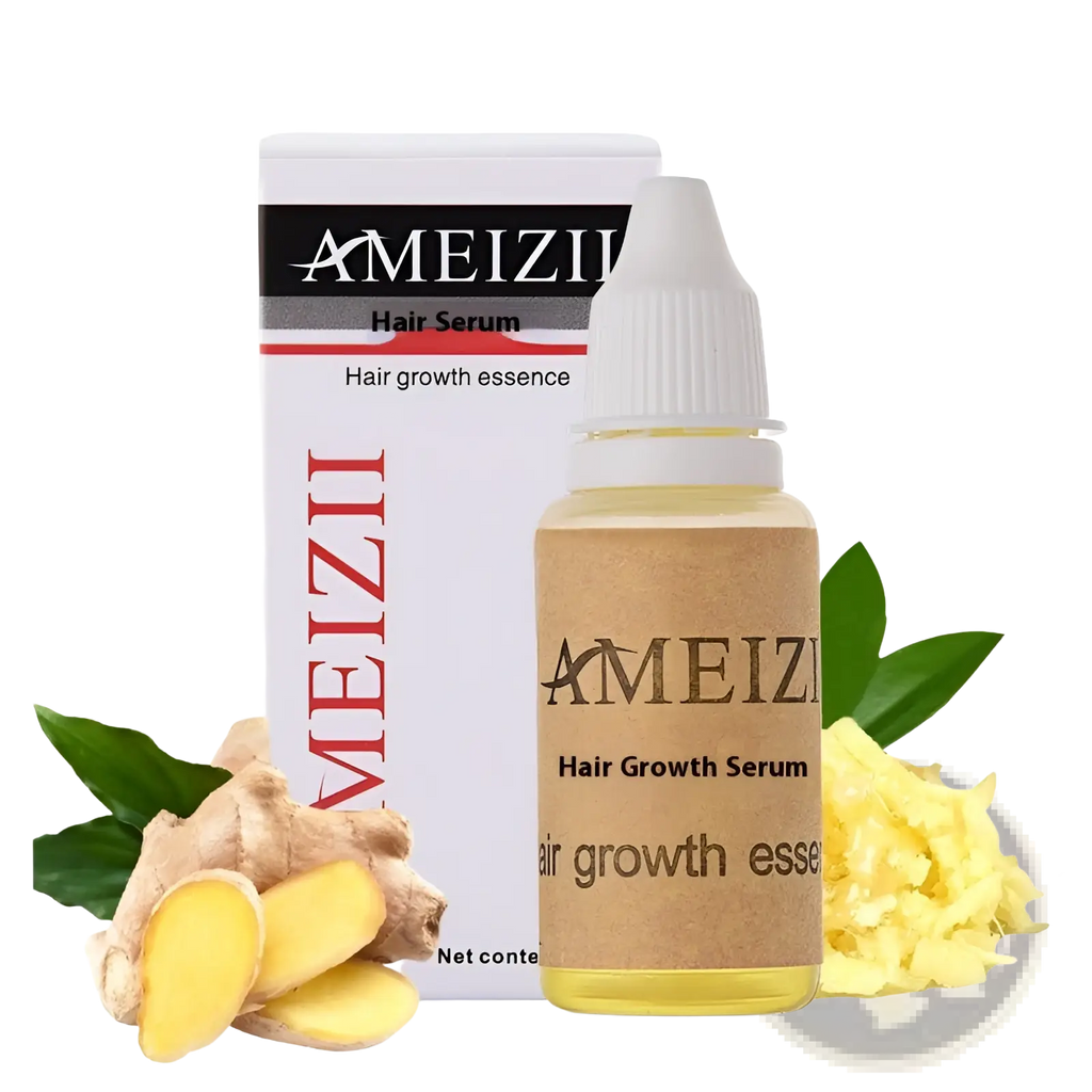 Ameizii hair growth serum anti hair loss liquid treatment in a clear glass bottle with white dropper and yellow liquid