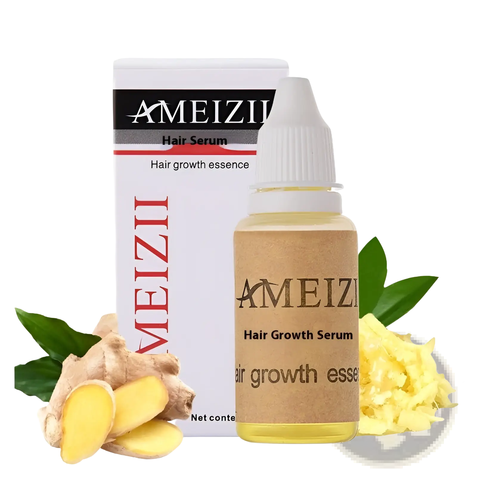 Ameizii hair growth serum anti hair loss liquid treatment in a clear glass bottle with white dropper and yellow liquid