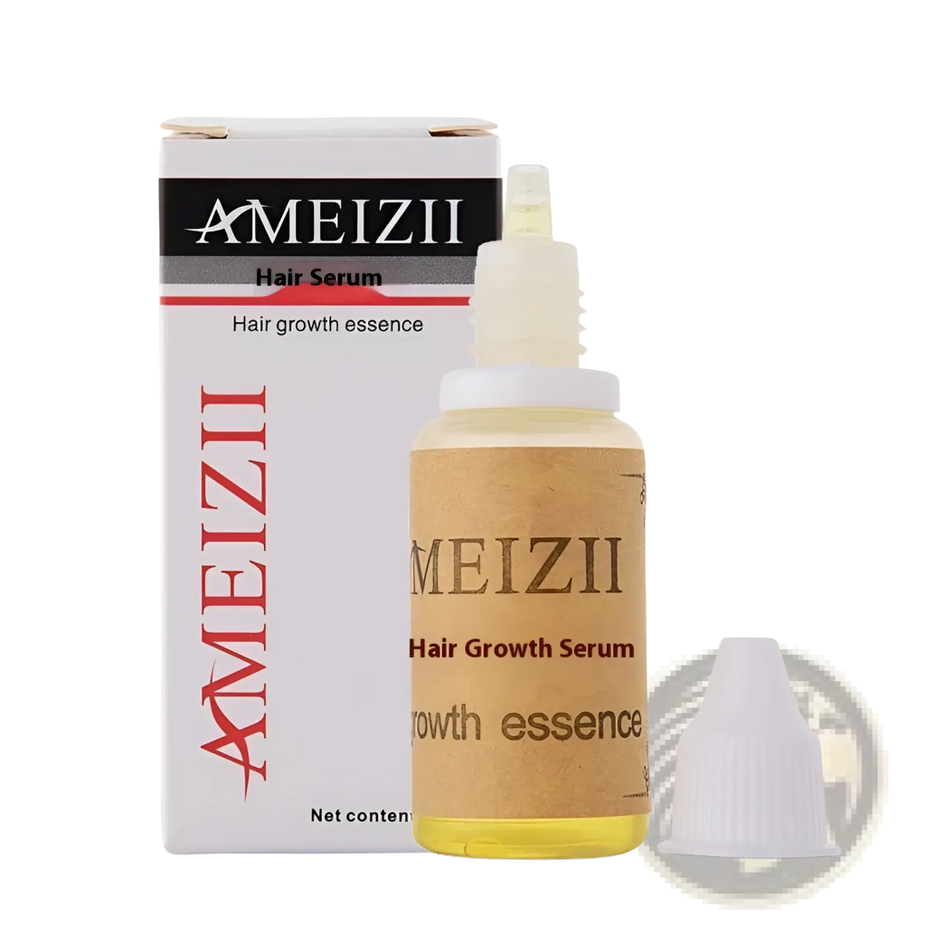 Ameizii hair growth serum 20ml in clear bottle with white dropper cap and brown paper label containing golden-yellow liquid