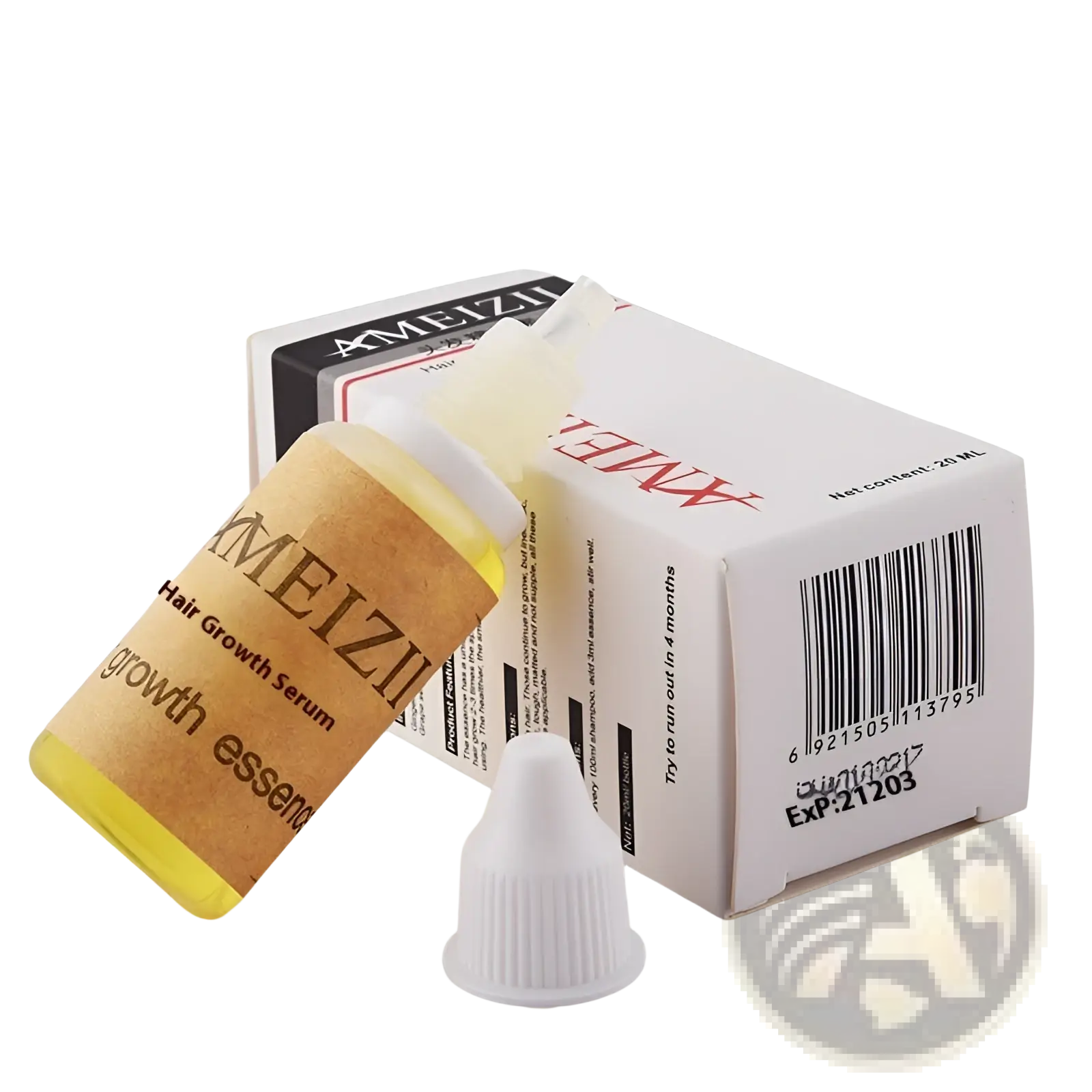 Ameizii hair growth serum anti hair loss liquid treatment 20ml in a clear bottle with brown label and white dropper cap containing yellow liquid