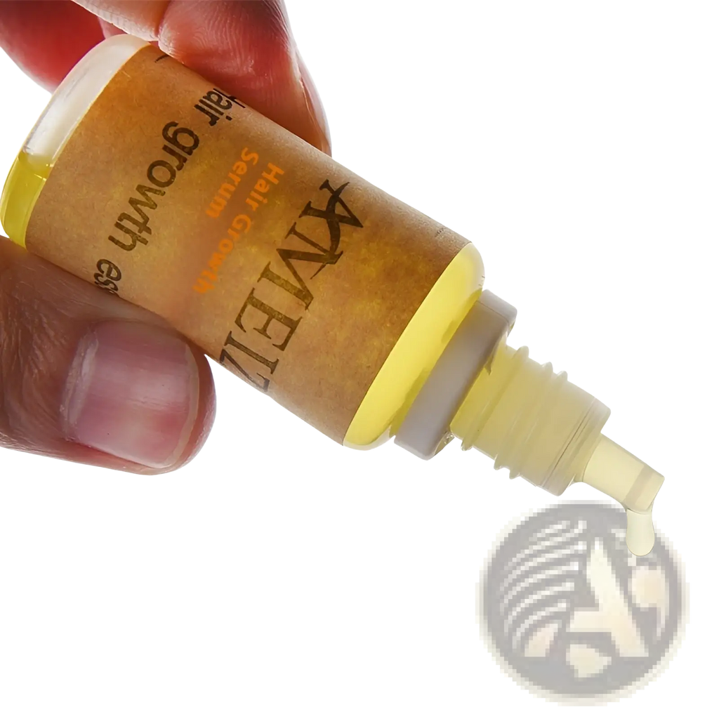 A small amber-colored bottle with a white pump labeled hair growth serum by xmei for anti hair loss treatment 20ml