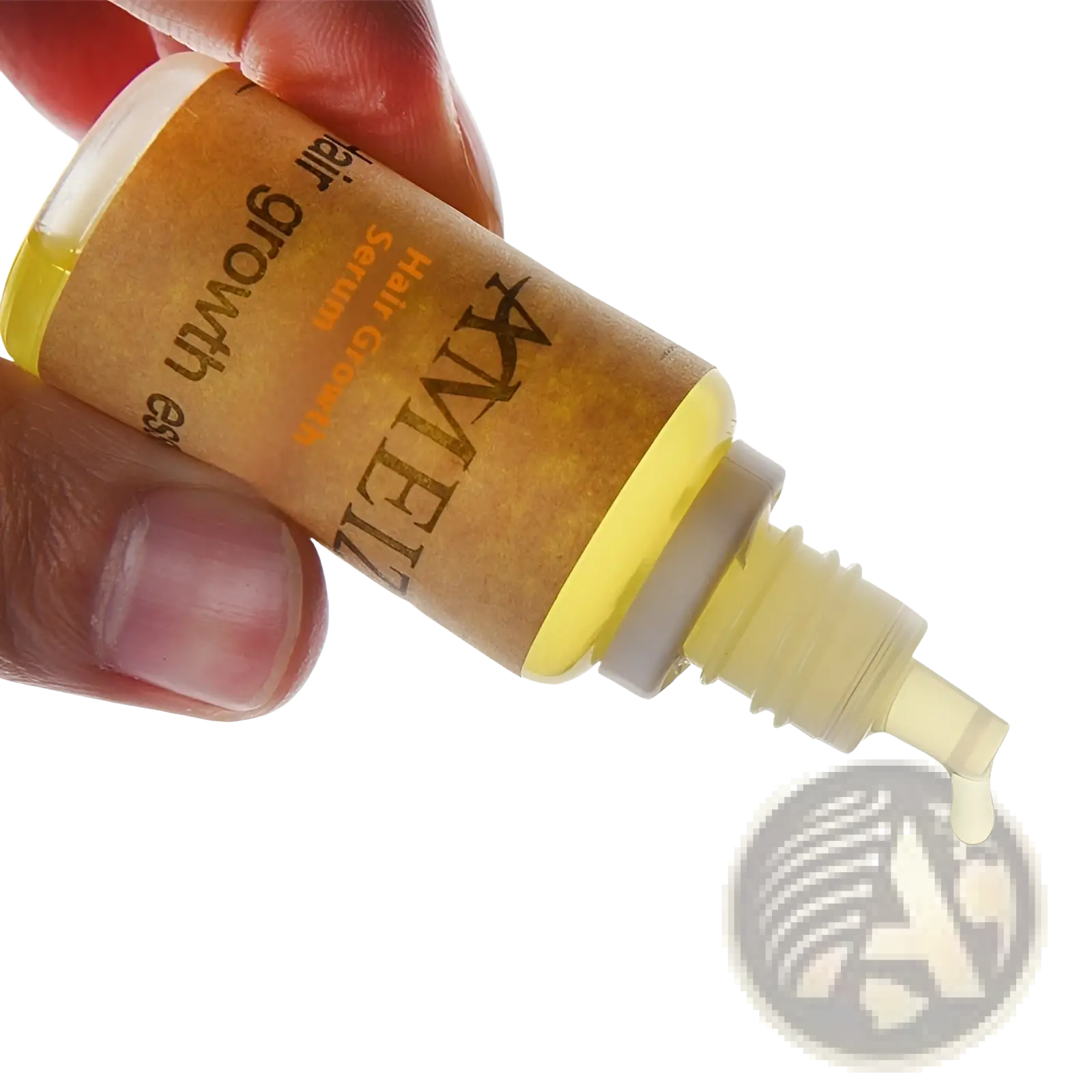 A small amber-colored bottle with a white pump labeled hair growth serum by xmei for anti hair loss treatment 20ml