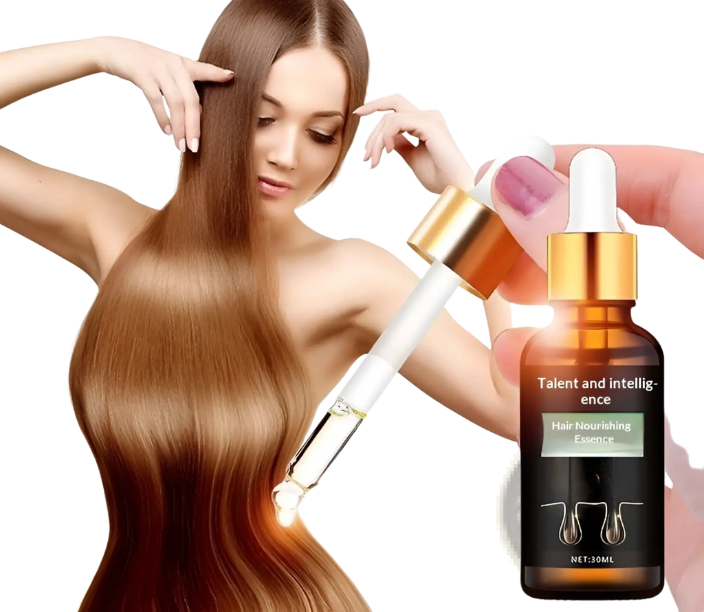 A sleek amber glass hair growth serum bottle with gold dropper and white pipette containing nourishing essence 30ml