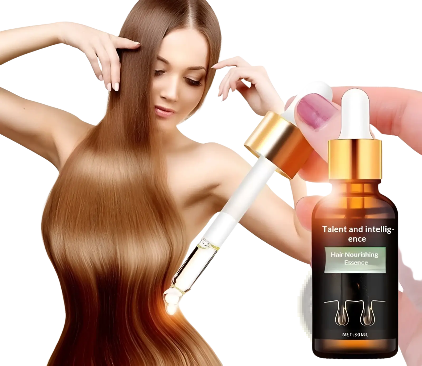 A sleek amber glass hair growth serum bottle with gold dropper and white pipette containing nourishing essence 30ml