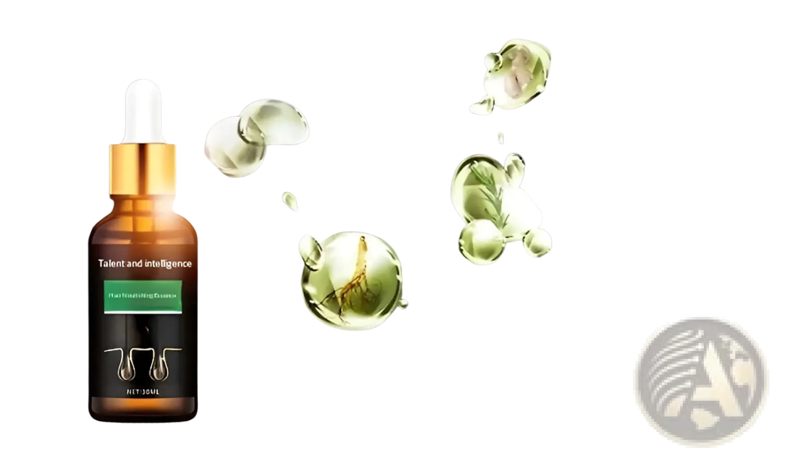 A dark amber glass bottle with gold dropper cap containing green hair growth serum with essential oils 30ml