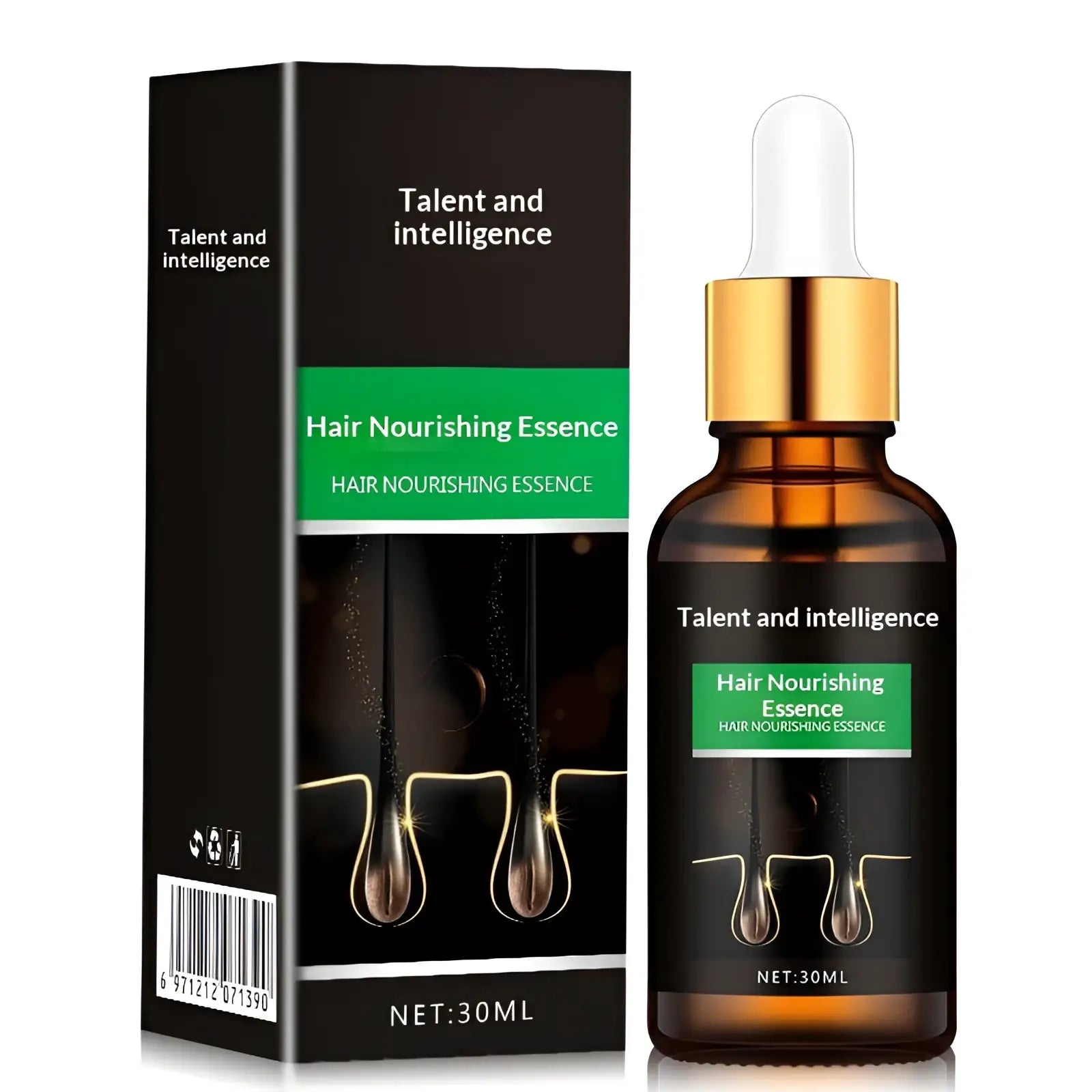 Black glass bottle hair growth serum with gold dropper cap and green hair nourishing essence label 30ml essential oils