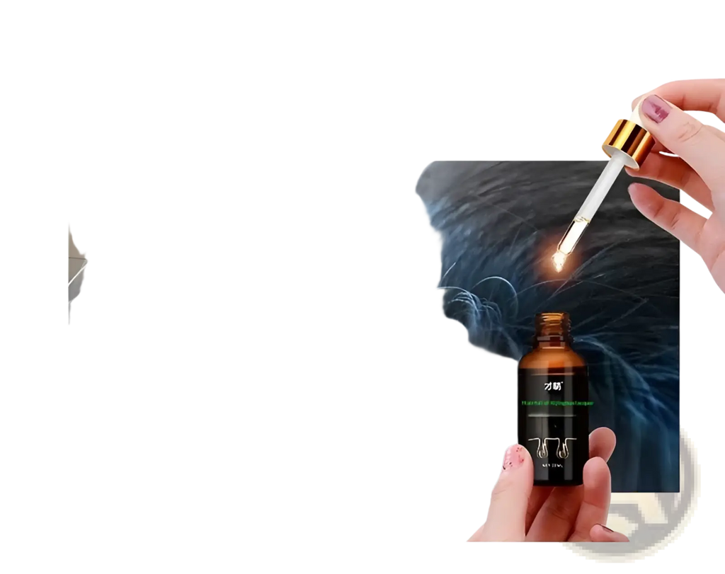 A dark amber glass bottle with gold dropper cap holding 30ml hair growth serum with essential oils and black label