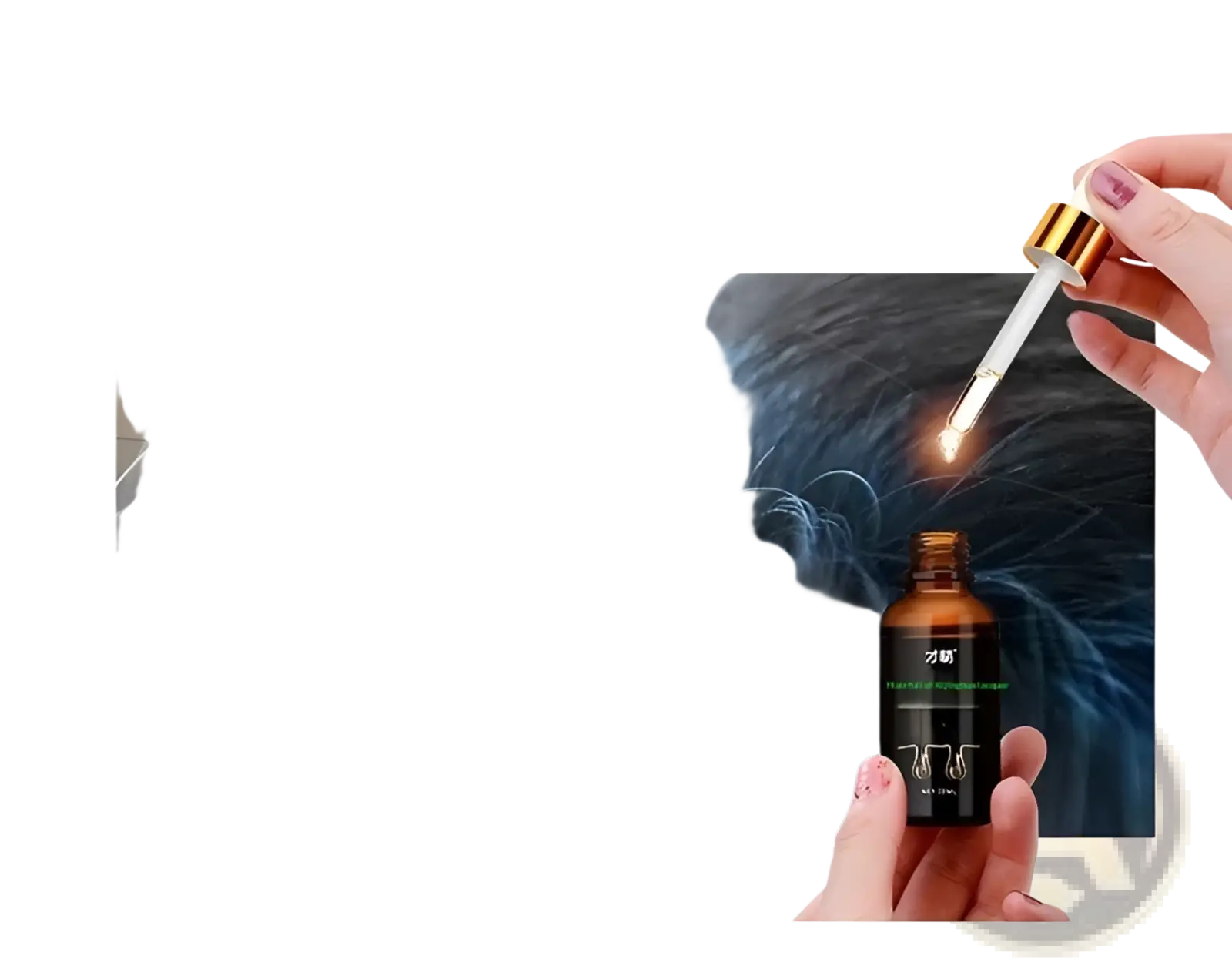 A dark amber glass bottle with gold dropper cap holding 30ml hair growth serum with essential oils and black label