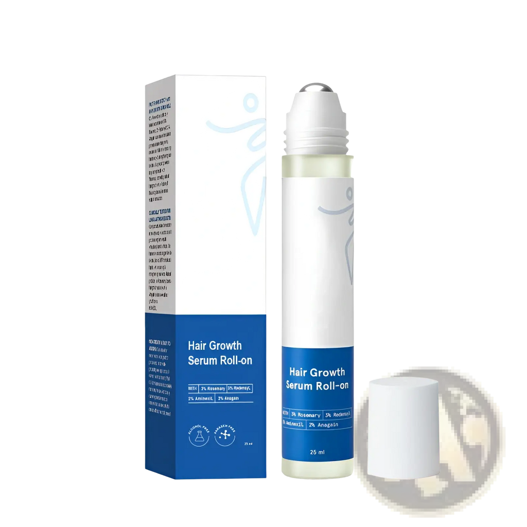 White and blue hair growth serum roll-on in a clear glass bottle with silver rollerball cap for scalp and frizzy hair care
