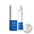 White and blue hair growth serum roll-on in a clear glass bottle with silver rollerball cap for scalp and frizzy hair care
