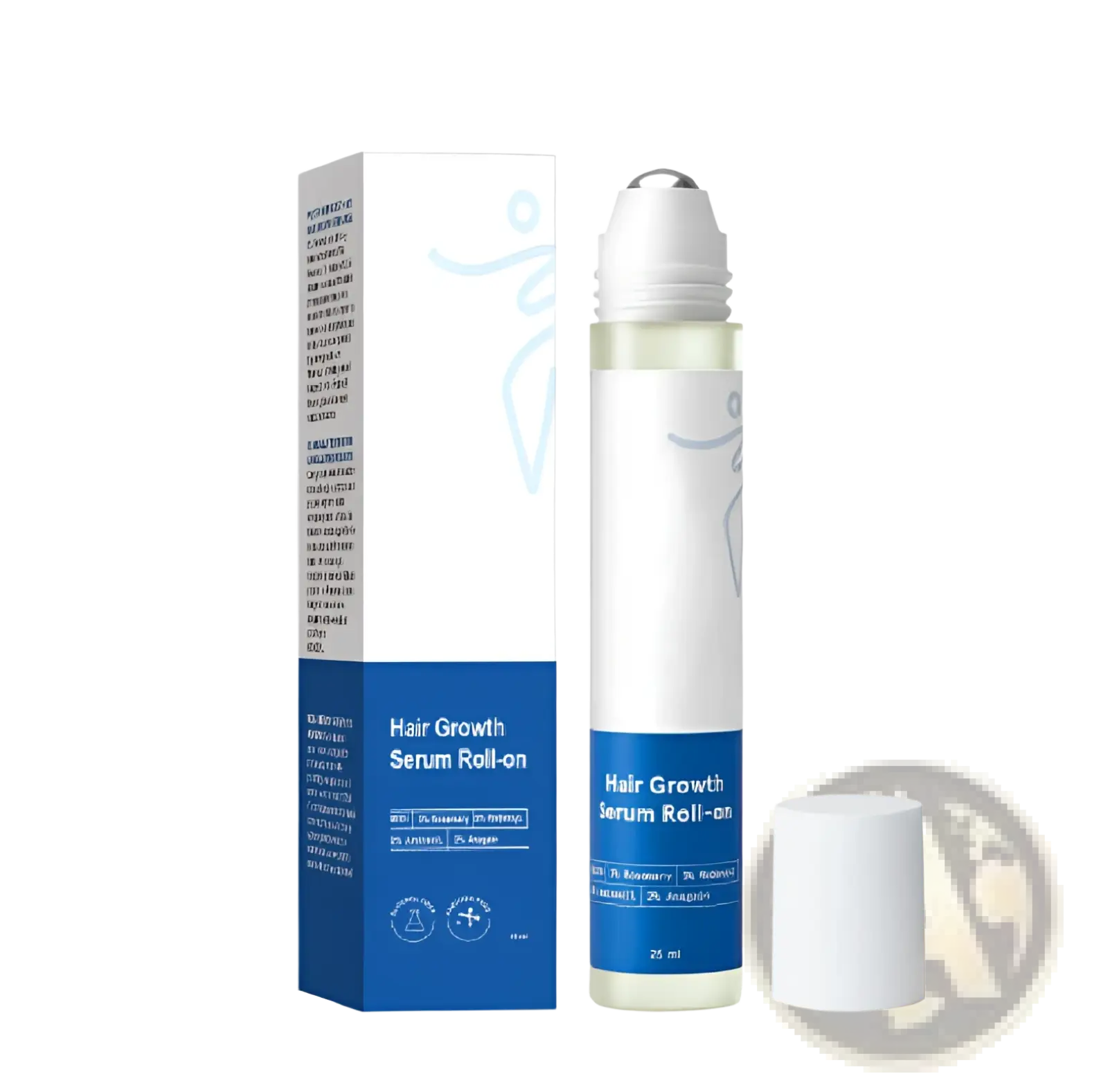 White and blue hair growth serum roll-on in a clear glass bottle with a silver rollerball cap for scalp and frizzy hair care