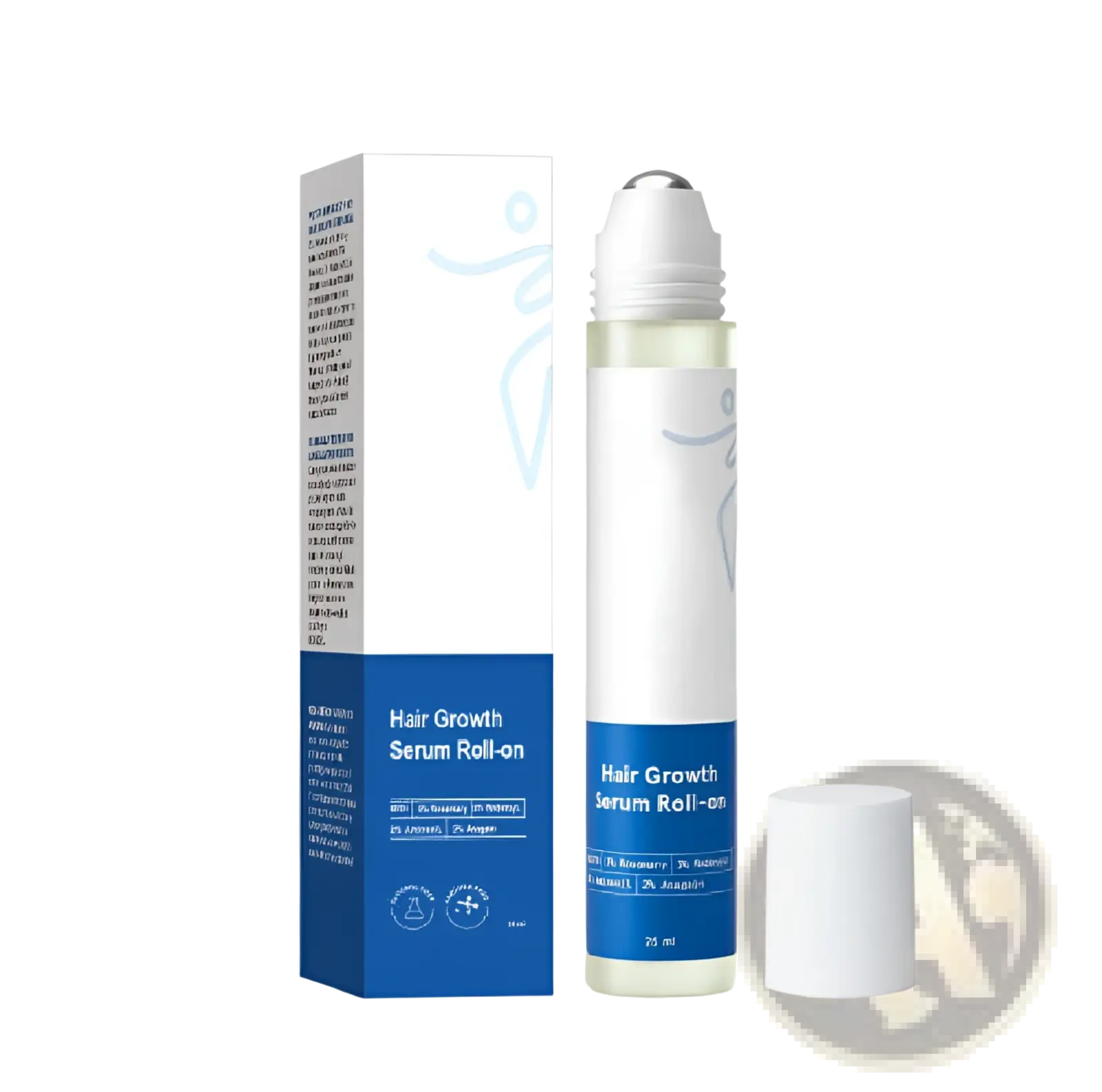 White and blue hair growth serum roll-on in clear glass bottle with white rollerball cap for scalp and frizzy hair care