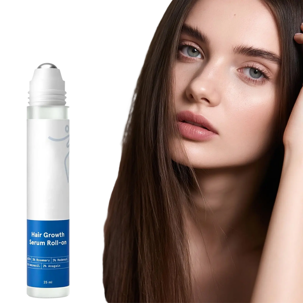 A sleek white and blue roll-on hair growth serum bottle with silver cap for scalp and frizzy hair care