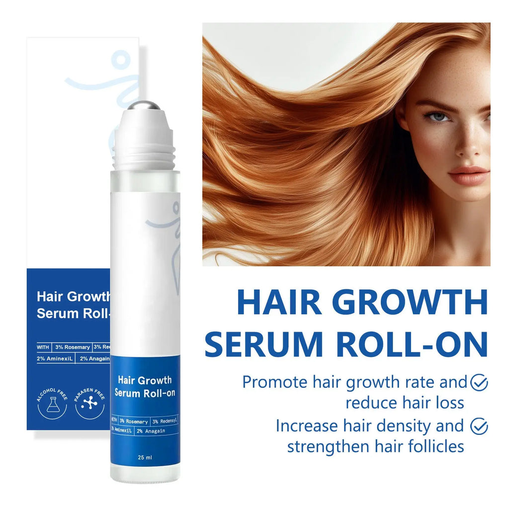 Hair growth serum roll-on for scalp and frizzy hair care in sleek white and blue with a silver rollerball cap