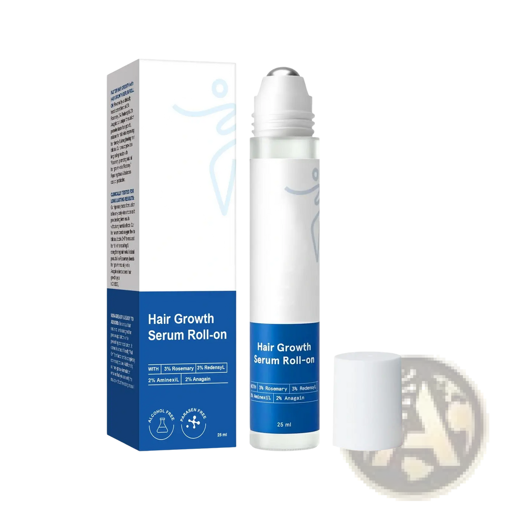 White and blue hair growth serum roll-on in a clear glass bottle with white rollerball cap for scalp and frizzy hair care