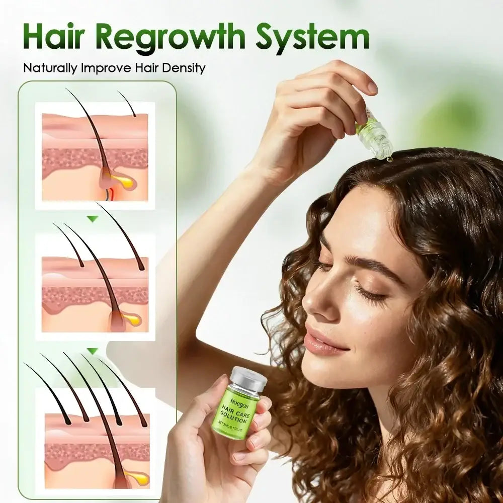 Green glass bottle with silver cap labeled hongqi hair care solution hair growth serum with roller for scalp nourishment