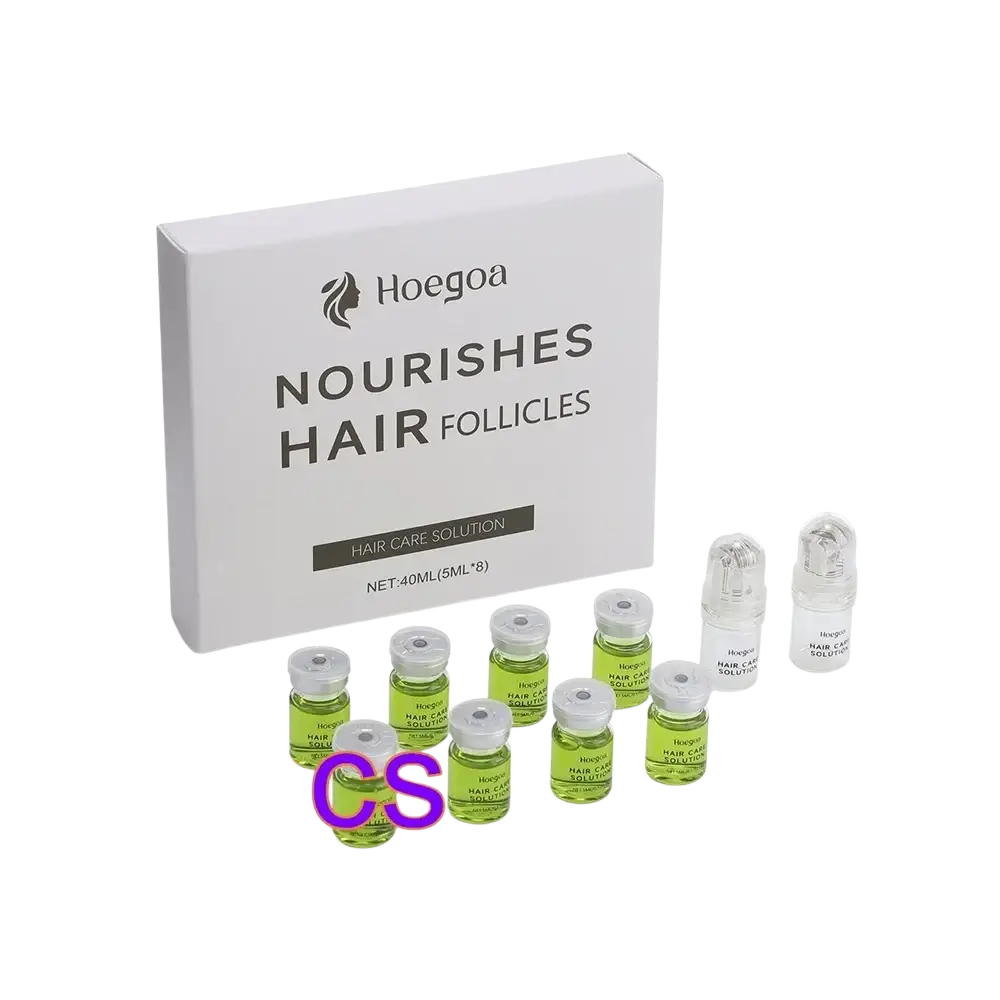 Hoegoa hair growth serum hair care solution in clear glass vials with green liquid and white caps beside white box