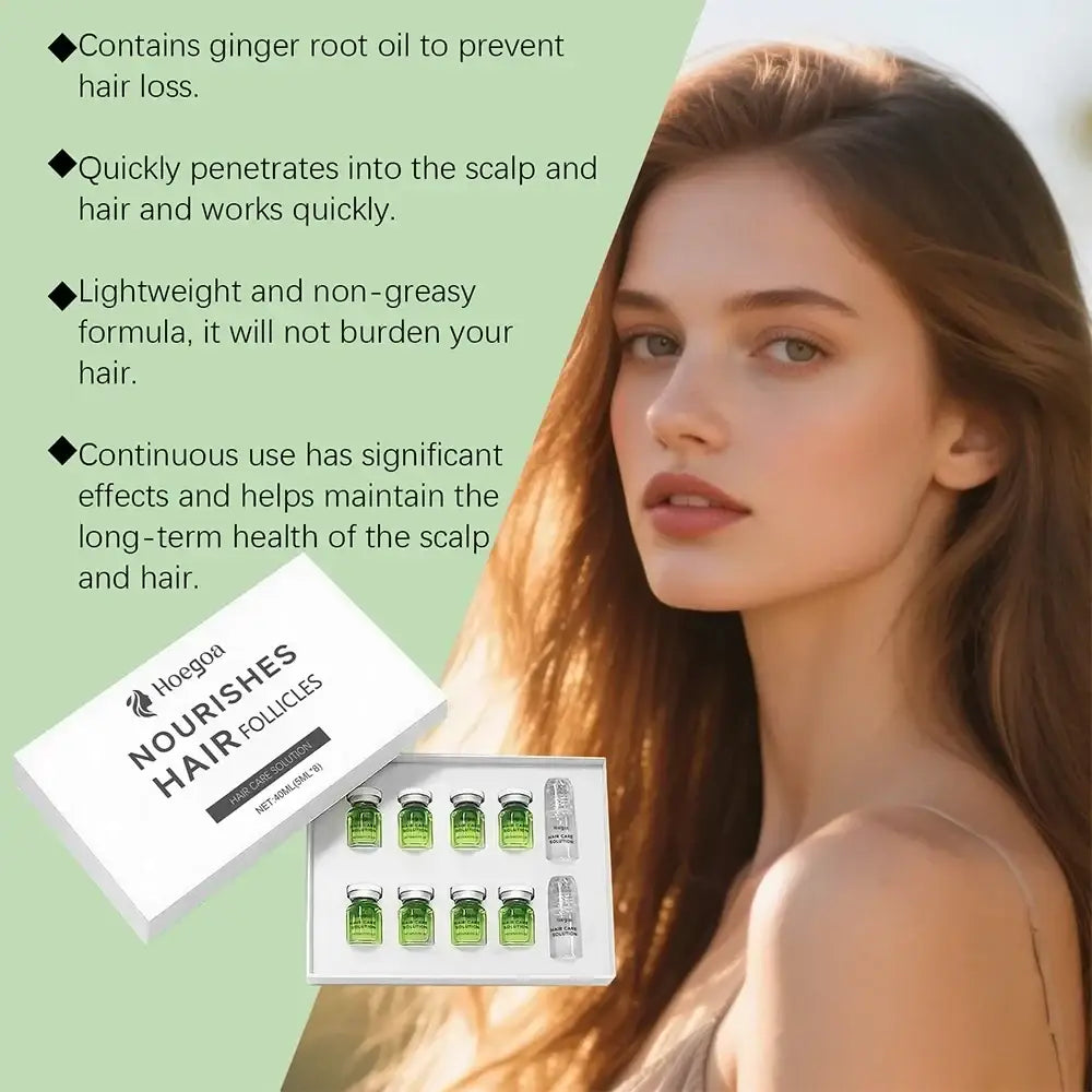 White box containing eight green and one silver ampoules of hoegoo hair growth serum with roller for scalp nourishment hair care solution
