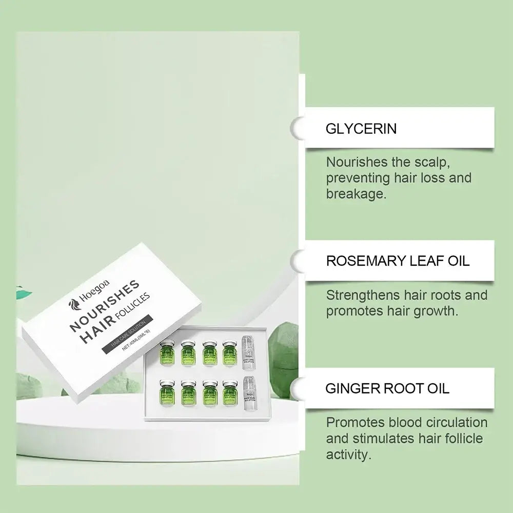 White rectangular box labeled hoogoa nourishes hair follicles containing six green glass ampoules and two clear vials hair care solution