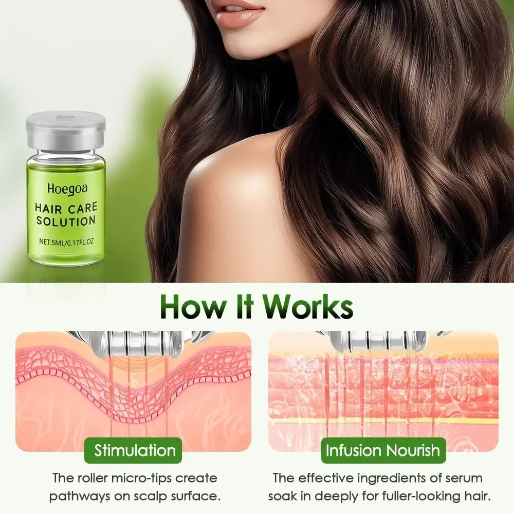 A clear glass bottle with silver cap containing 5ml green hoegoa hair care solution for hair growth treatment