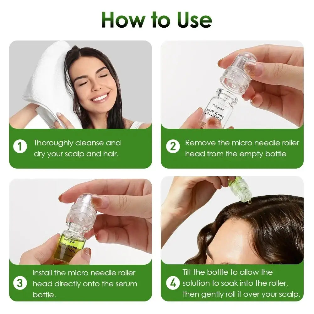 Clear glass bottle with yellow hair growth serum and dropper labeled hangin hair care solution for root strengthening