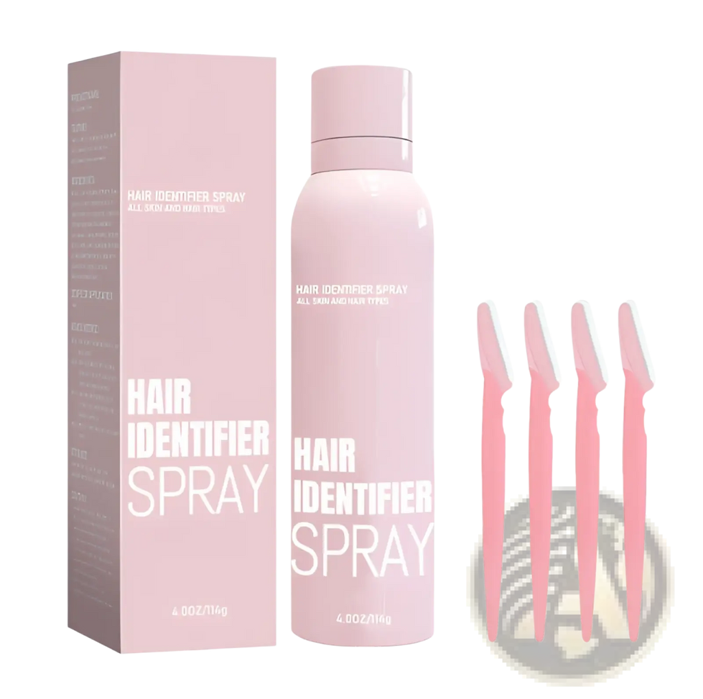 Hair identifier spray in a sleek matte pink aerosol can with matching packaging and four pink eyebrow razors