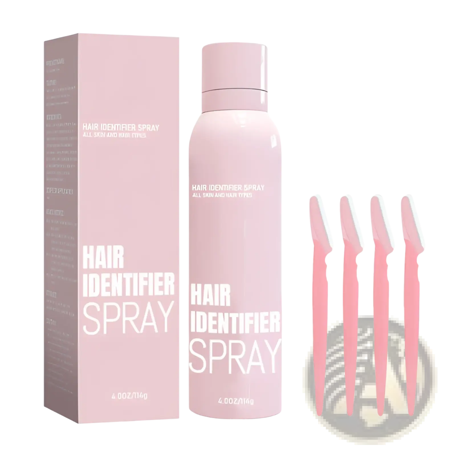 Hair identifier spray in a sleek matte pink aerosol can with matching packaging and four pink eyebrow razors