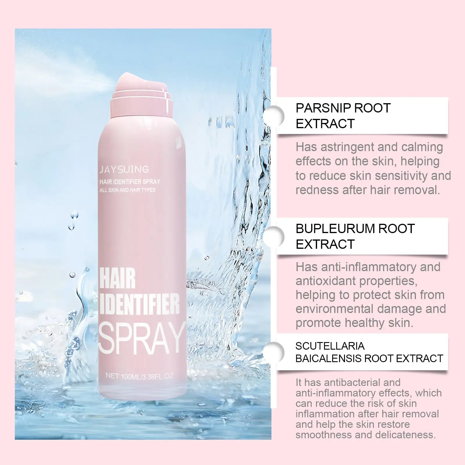 Pink jay hair identifier spray bottle with matching pink cap white text and sleek matte finish for precise hair styling