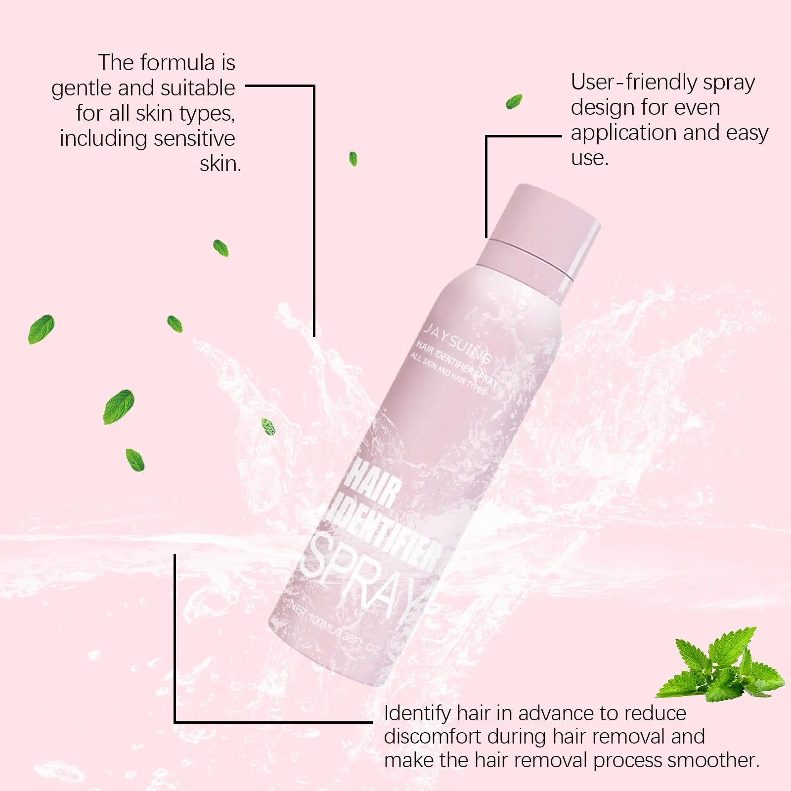 A translucent pink jaysuwe hair identifier spray bottle with cap for sensitive skin in hair identifier spray and dermaplaning razor set