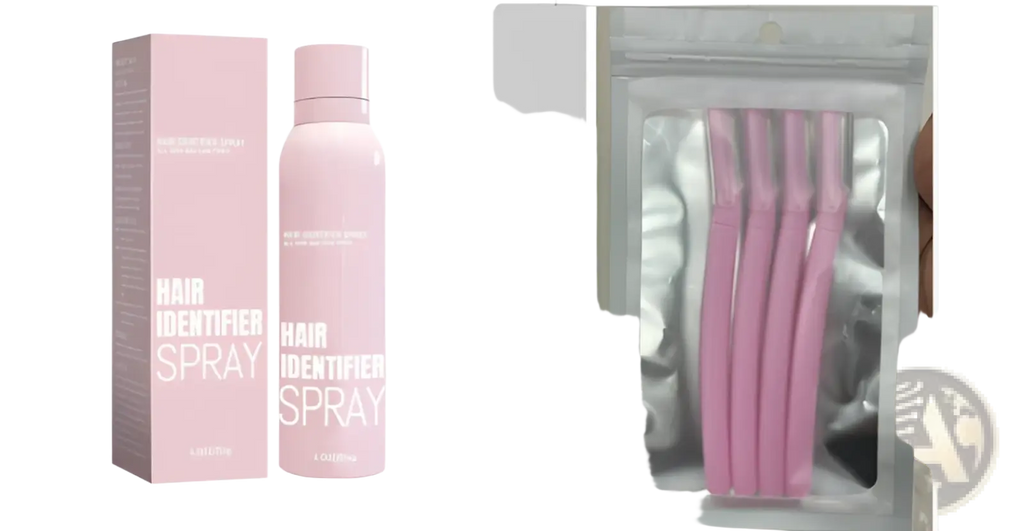 Hair identifier spray with pink color in a sleek matte-finish bottle alongside matching packaging in a dermaplaning razor set
