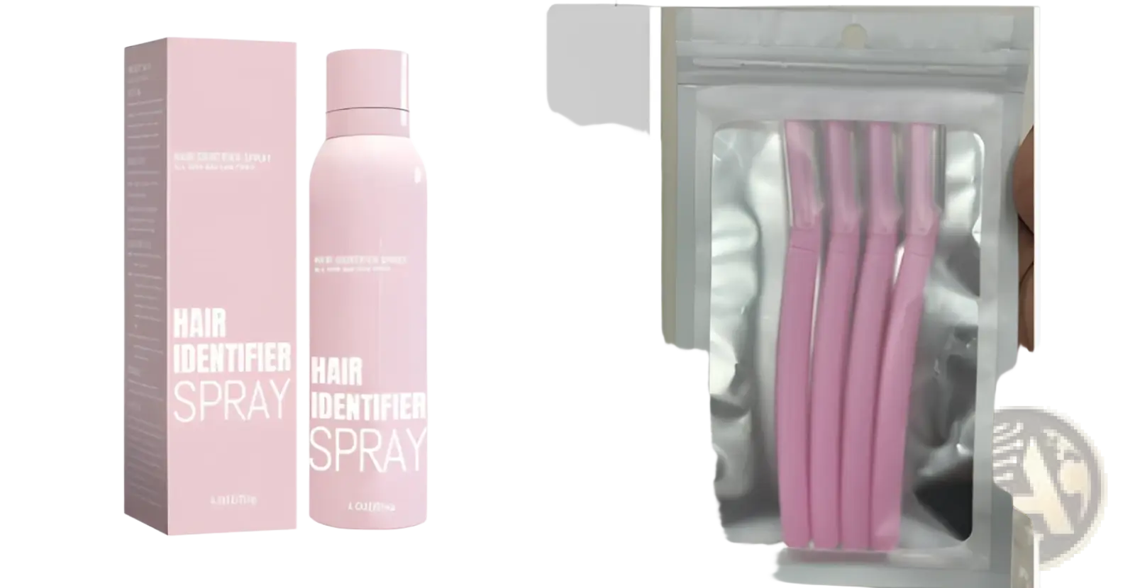 Hair identifier spray with pink color in a sleek matte-finish bottle alongside matching packaging in a dermaplaning razor set