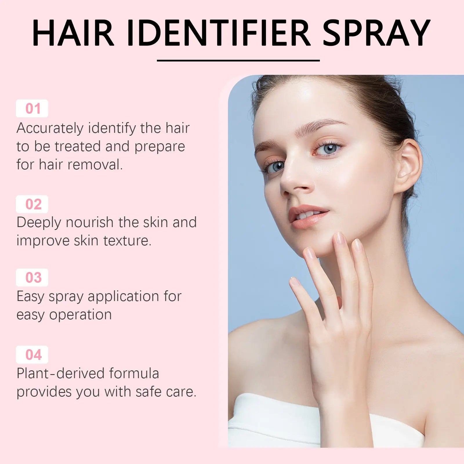 Hair identifier spray and dermaplaning razor set with pink label and white text featuring woman touching face gently