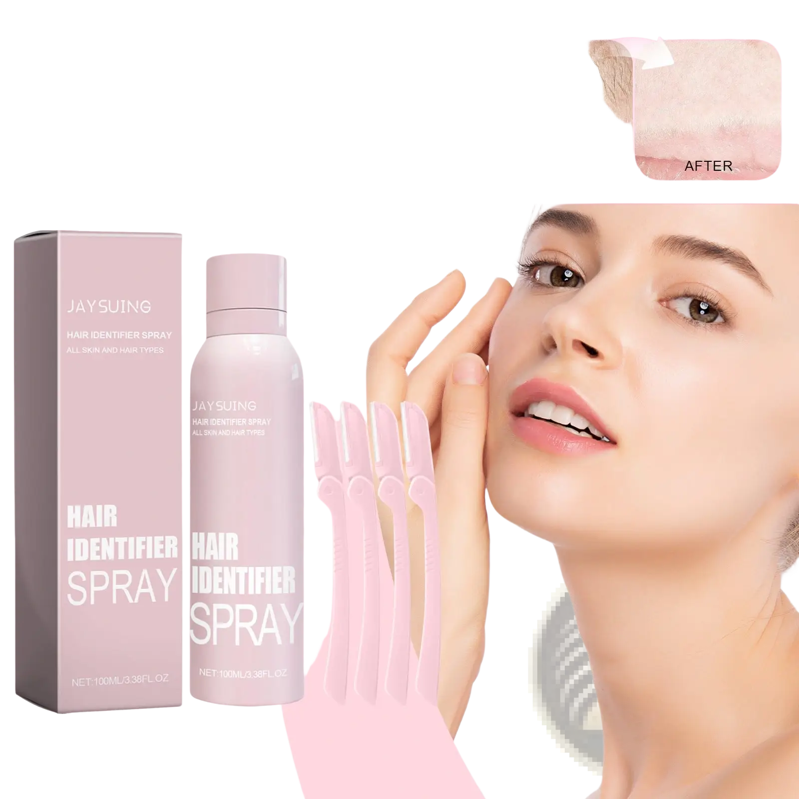 Pink matte-finish aerosol can of Jaysuing hair identifier spray for all hair types in hair identifier spray and dermaplaning razor set
