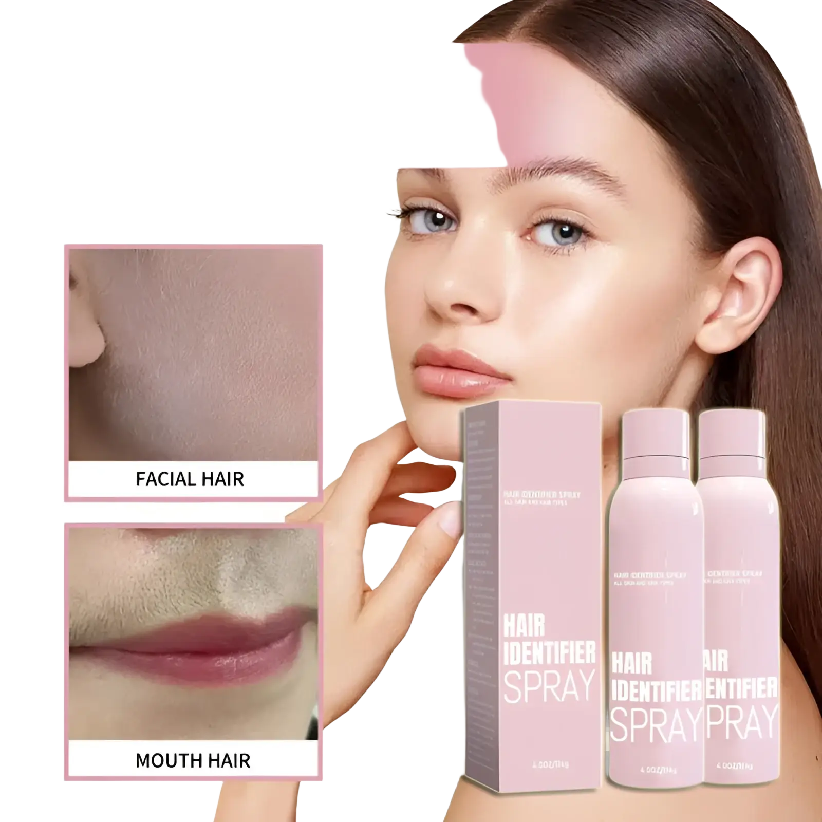 Pink aerosol hair identifier spray cans with matching packaging for face shaving in hair identifier spray and dermaplaning razor set