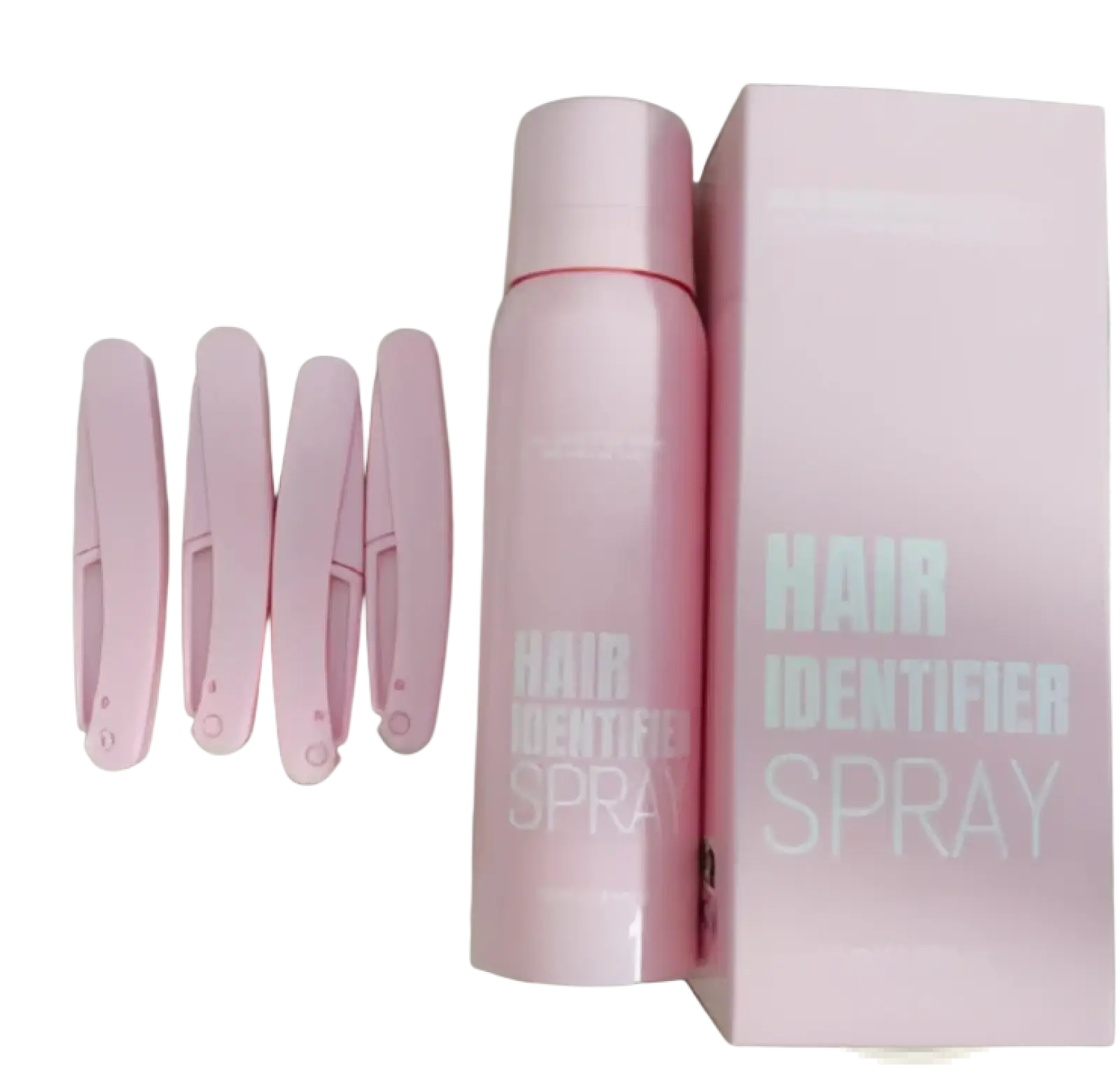 Pink aerosol can of hair identifier spray with matching cap and box featuring minimalist white text on a pastel background