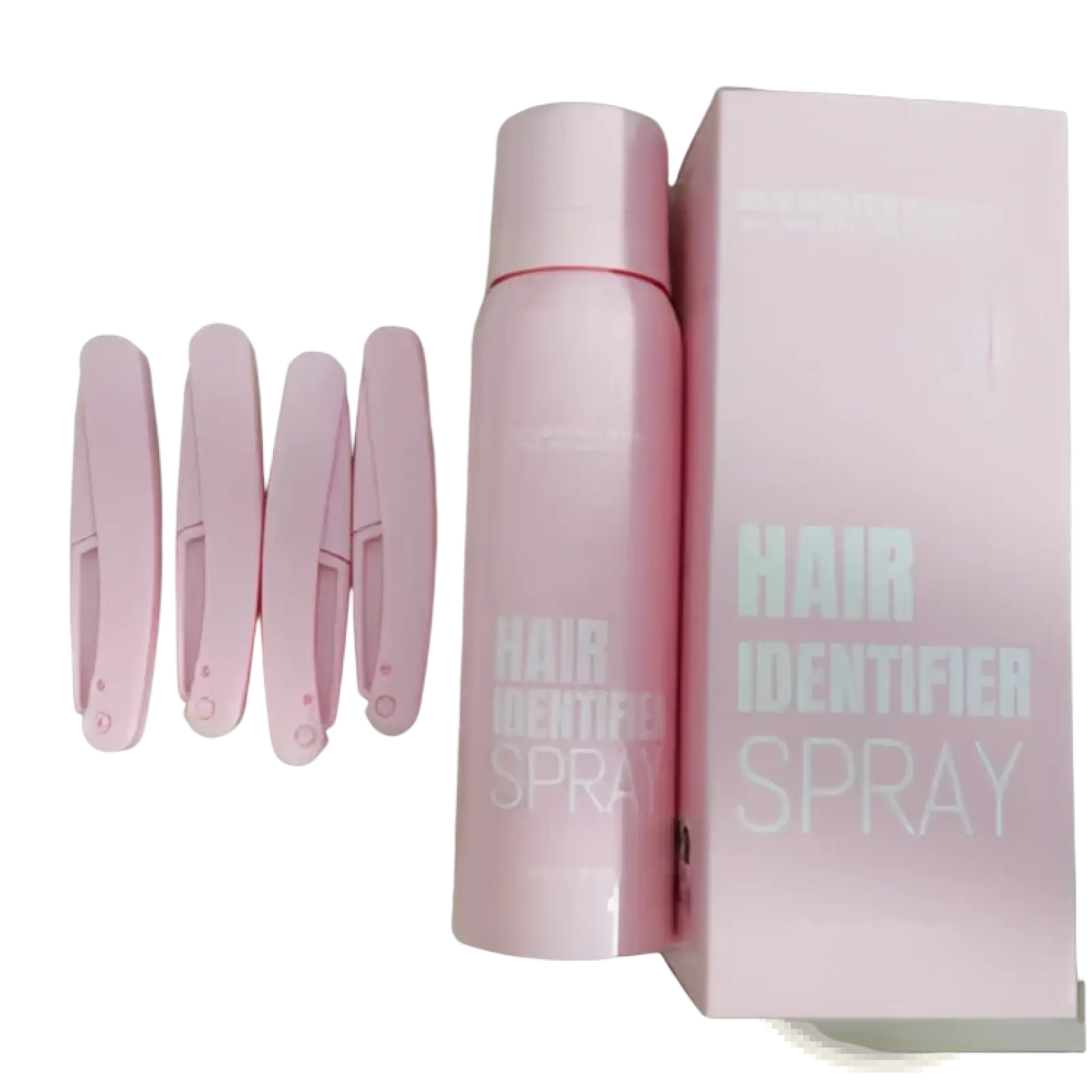 Pink cylindrical hair identifier spray bottle with matching pink clips and packaging in hair identifier spray and dermaplaning razor set