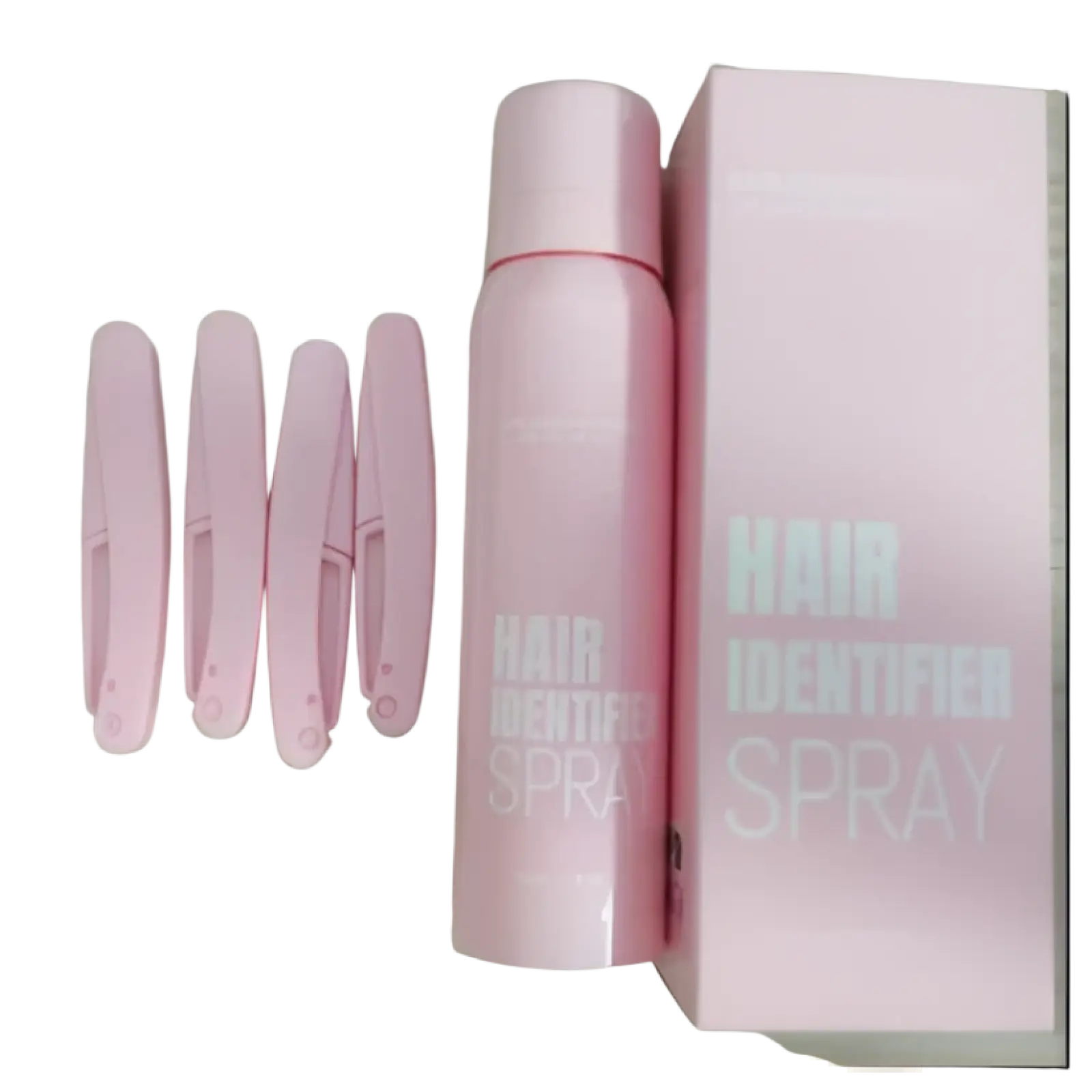 Pink hair identifier spray with matching pink clips and packaging in hair identifier spray and dermaplaning razor set