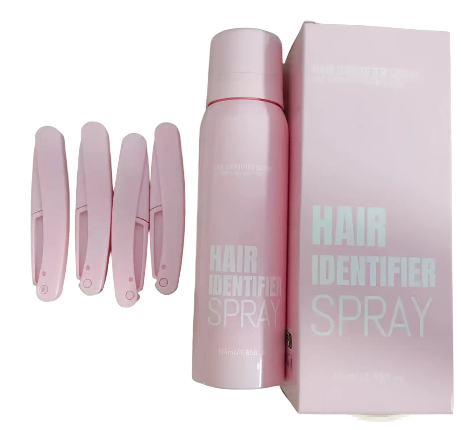 Pink plastic hair identifier spray bottle with matching cap and box from hair identifier spray and dermaplaning razor set