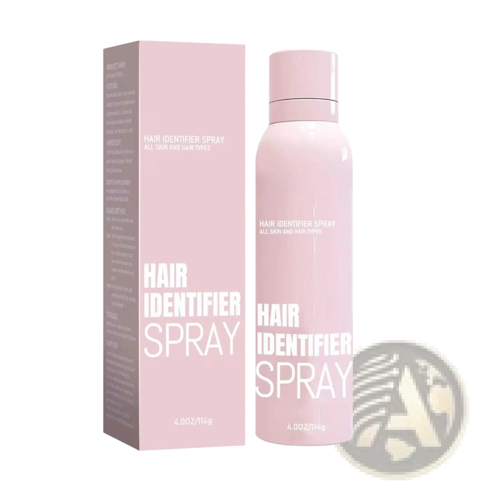 Pink aerosol can of hair identifier spray with matching box labeled for all skin and hair types in a dermaplaning razor set