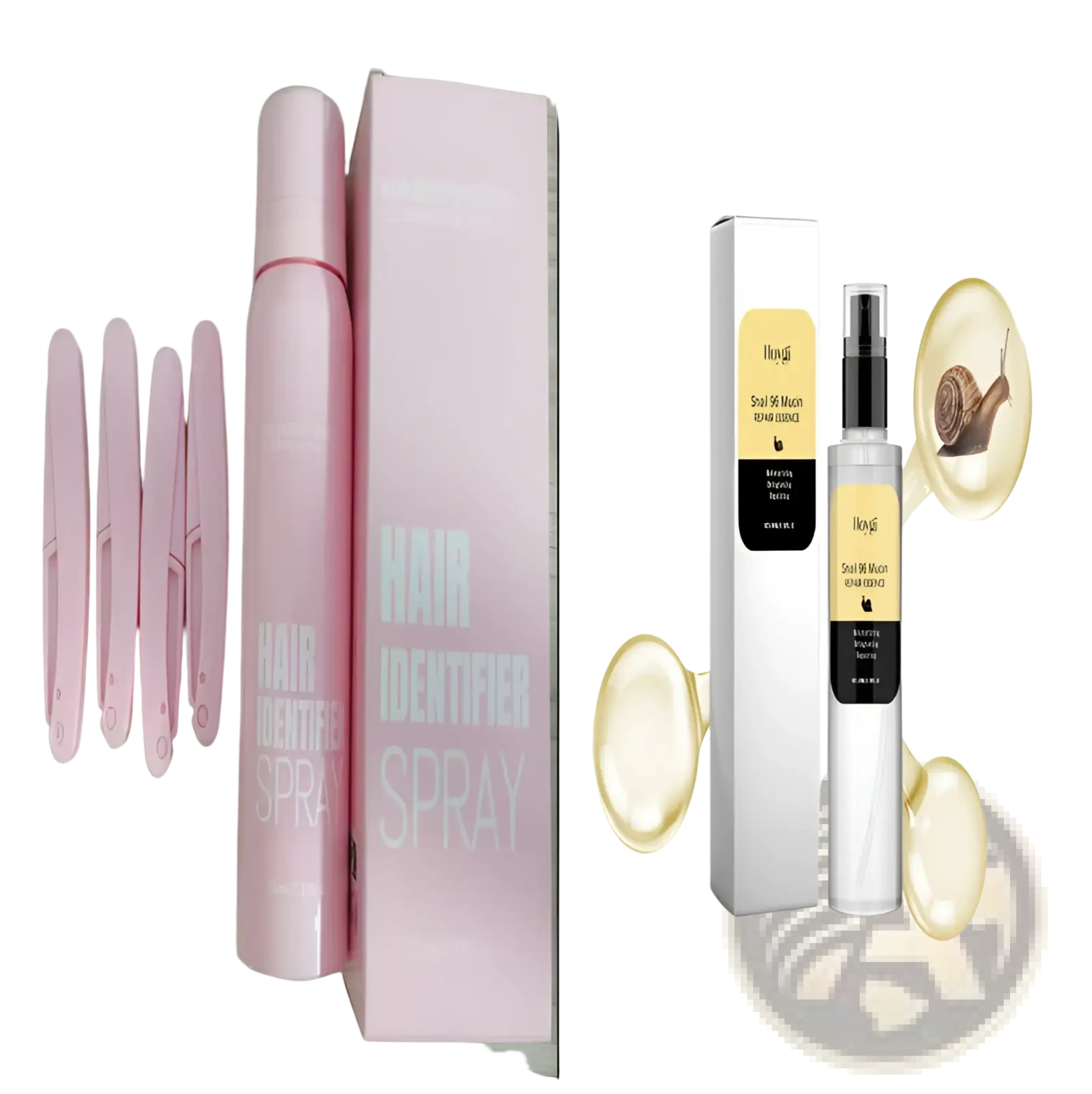 Pink cylindrical hair identifier spray bottle with matching packaging and four clip-style accessories in dermaplaning set