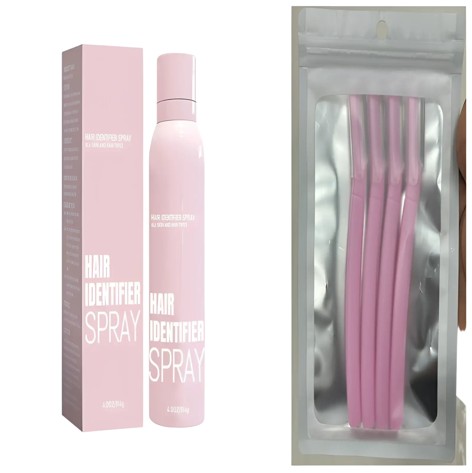 Hair identifier spray in pink matte-finish bottle with matching packaging from hair identifier spray and dermaplaning razor set