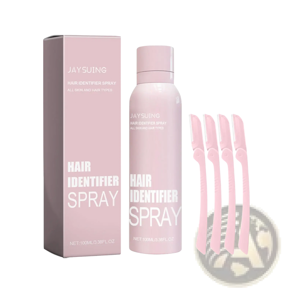 Pink jay hair identifier spray in a sleek matte pink bottle with matching packaging and four pink dermaplaning razors