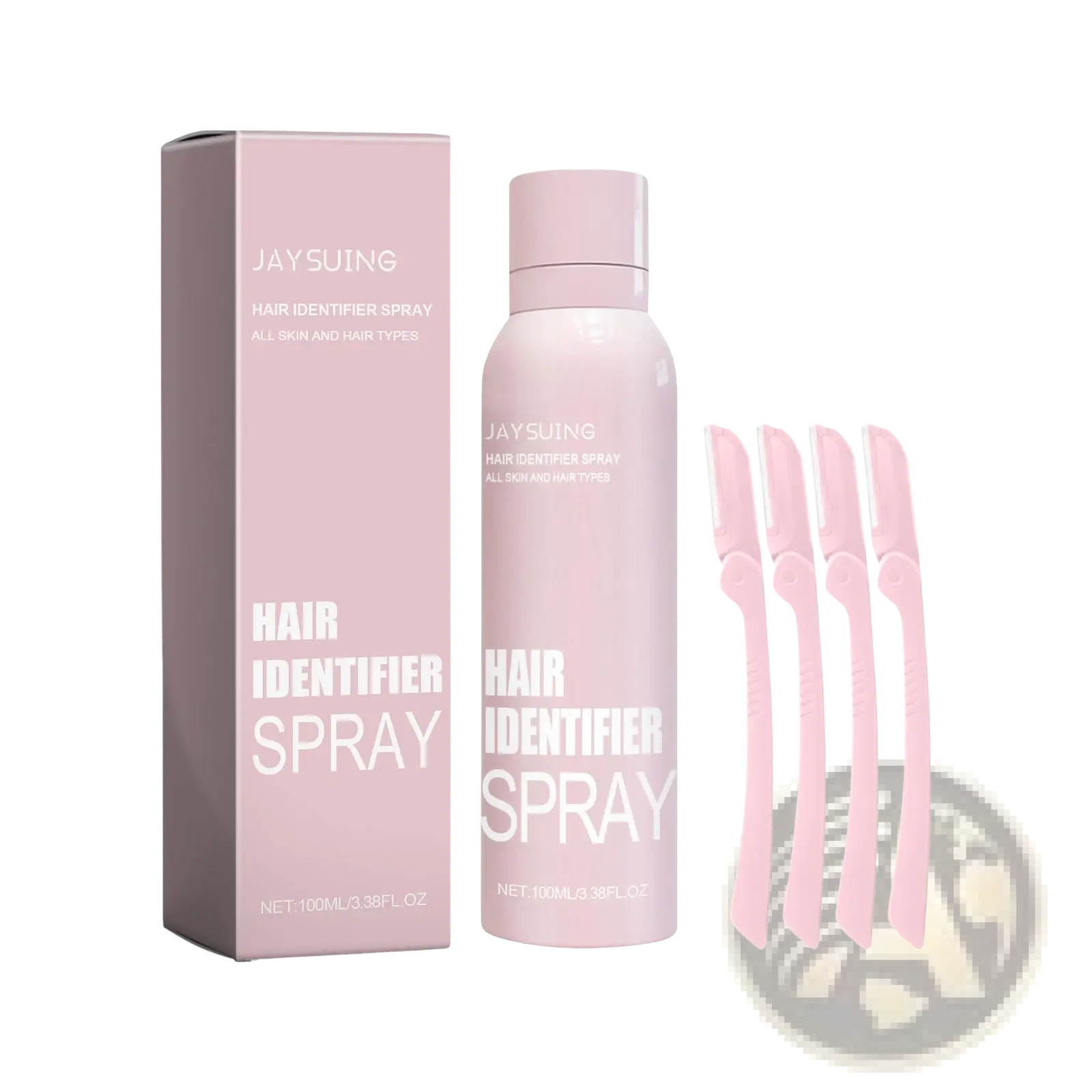 Pink jay hair identifier spray in a sleek matte pink bottle with matching packaging and four pink dermaplaning razors