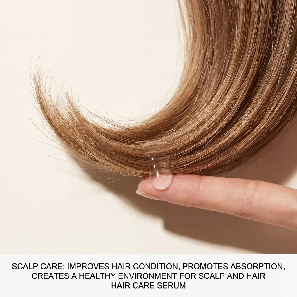 A clear glossy nourishing serum droplet on a finger beneath smooth blonde hair strands for massage comb use