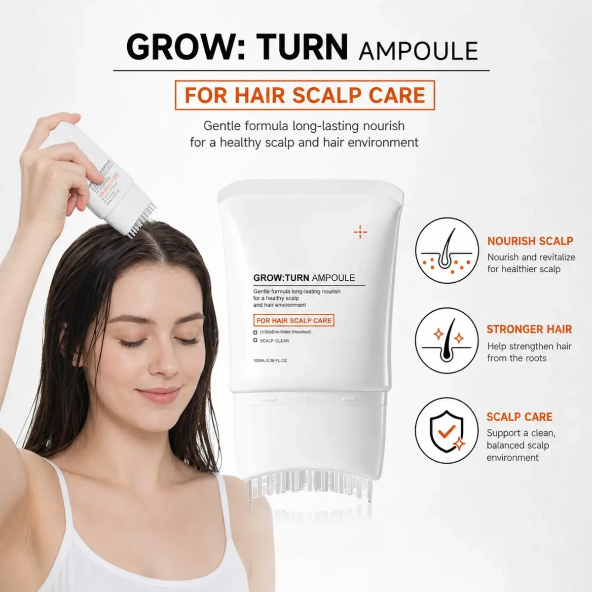 White plastic bottle of hair nourishing serum with massage comb for scalp care and strengthening hair strands