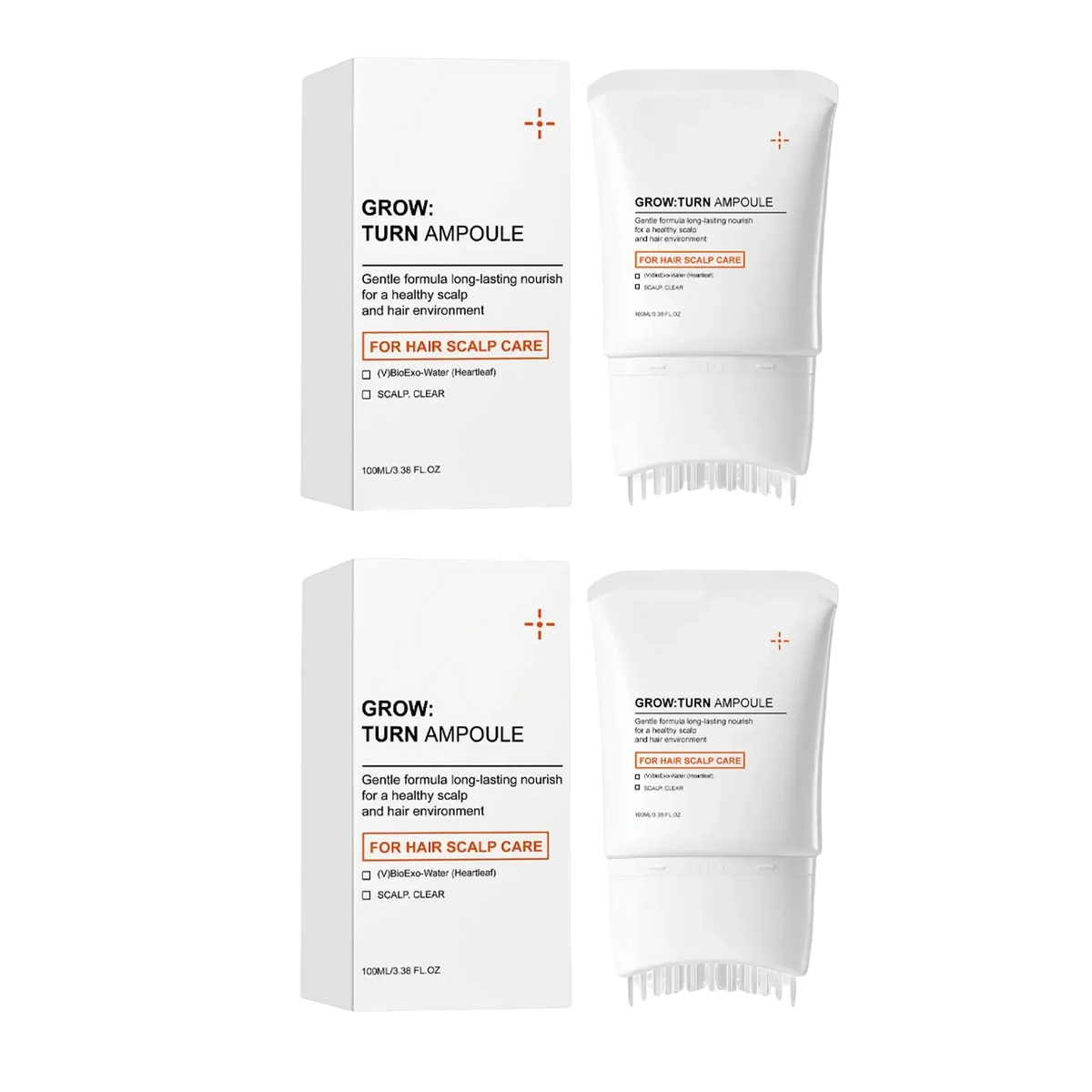 White rectangular box with orange text and matching white ampoule bottle featuring massage comb for hair strands nourishing serum