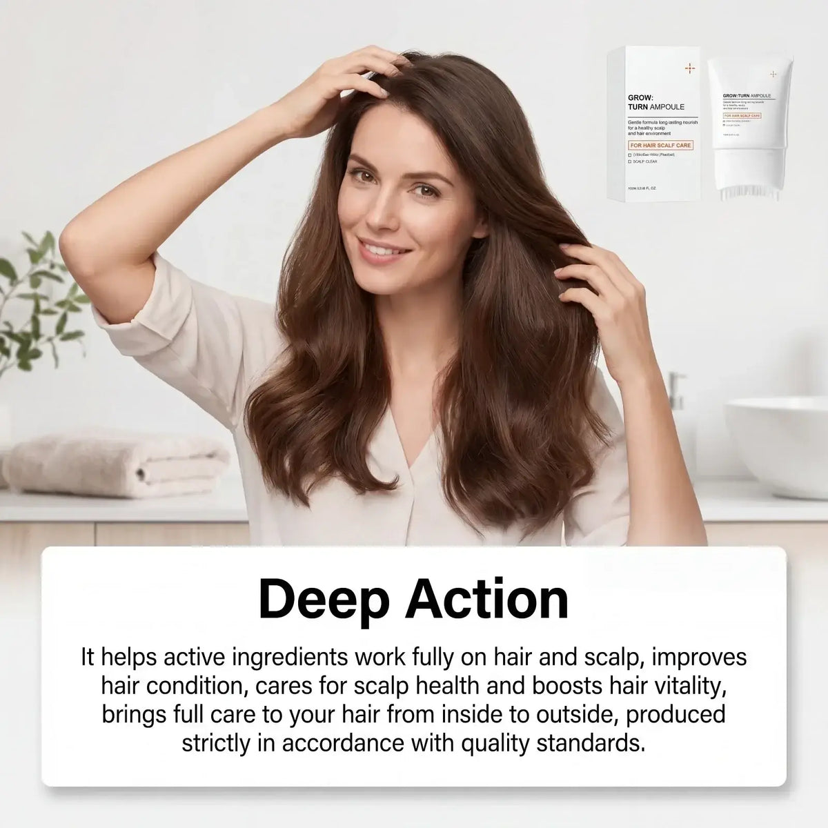 White tube of grow turn hair nourishing serum with pump dispenser and massage comb for healthy hair strands care